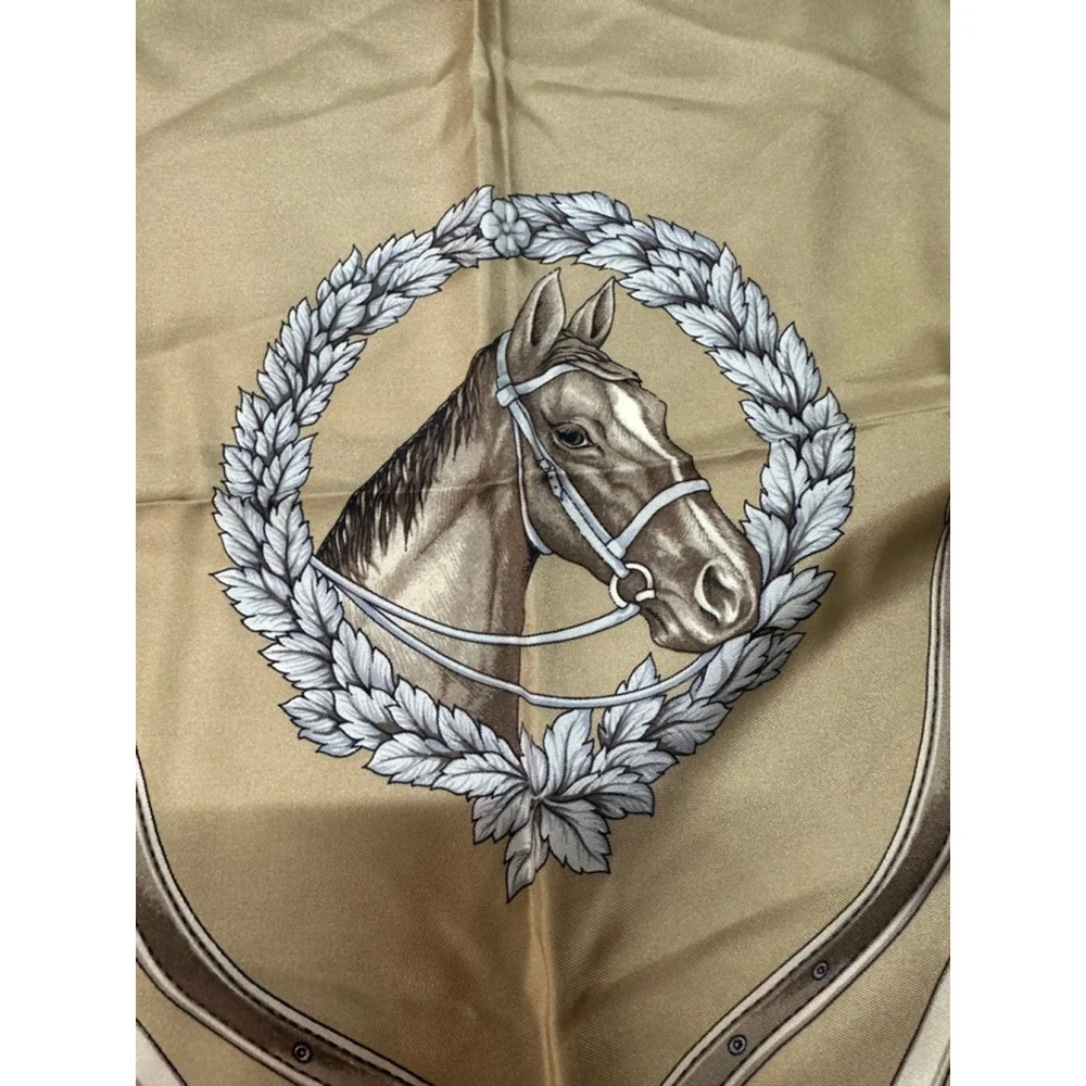 Women's Celine Beige & Brown Horse Print Silk Scarf One Size